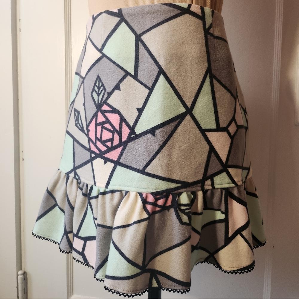 MILK J-Fashion Rose Stained Glass Mini Skirt Ruffle Lace Trim Gray/Mint/Pink